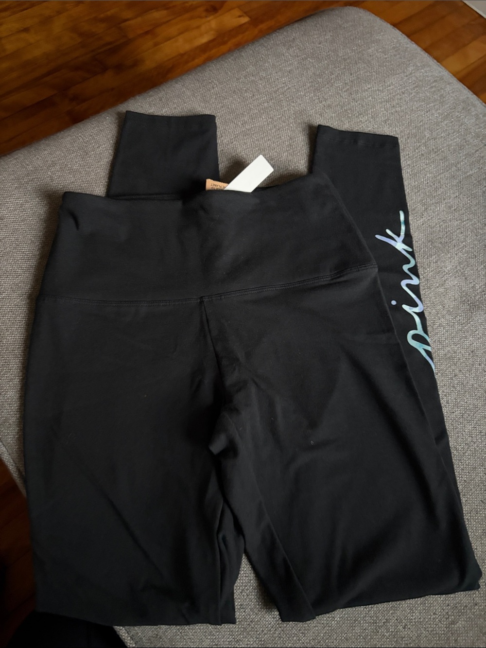PINK Victoria's Secret Black Jeggings with Teal Script